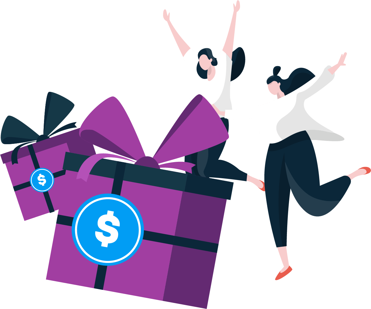 Ilustración de 2 paquetes de regalo y dos personas saltando de felicidad.