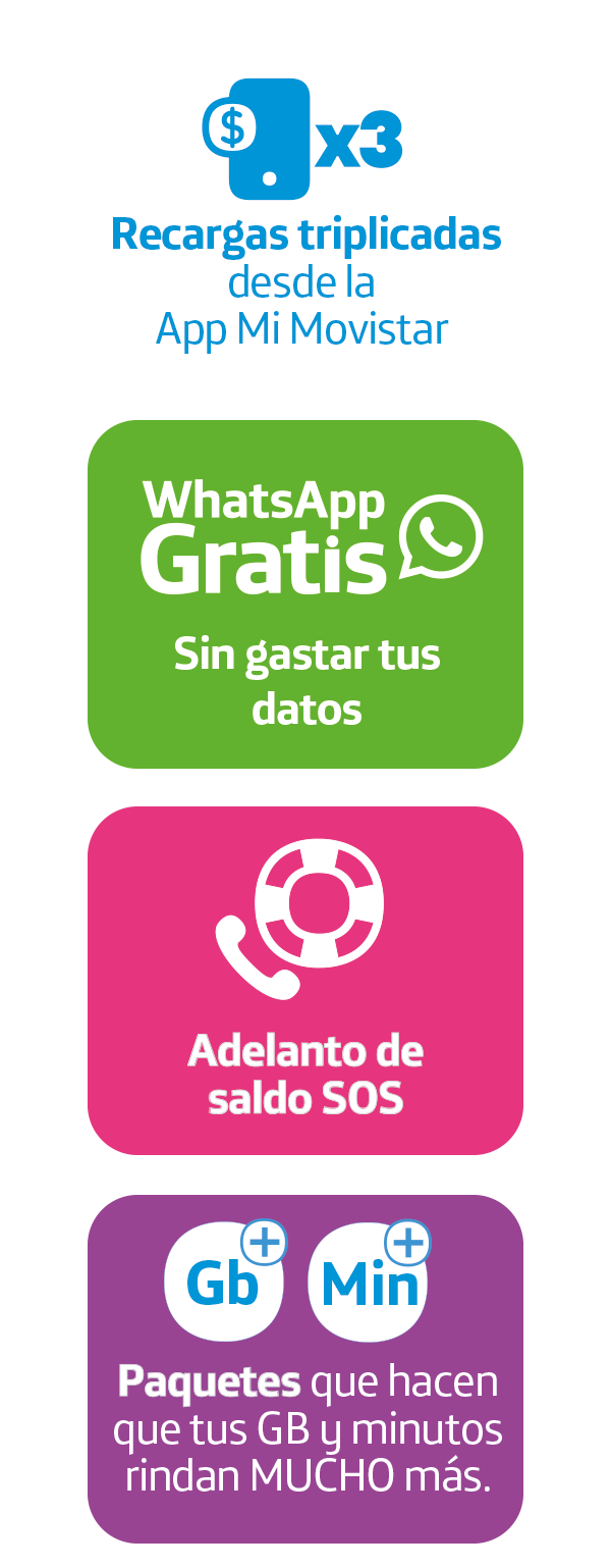 Recargas triplicadas desde la App Mi Movistar, WhatsApp gratis sin gastar tus datos, adelanto de saldo SOS, paquetes que hacen que tus GB y minutos rindan mucho más.